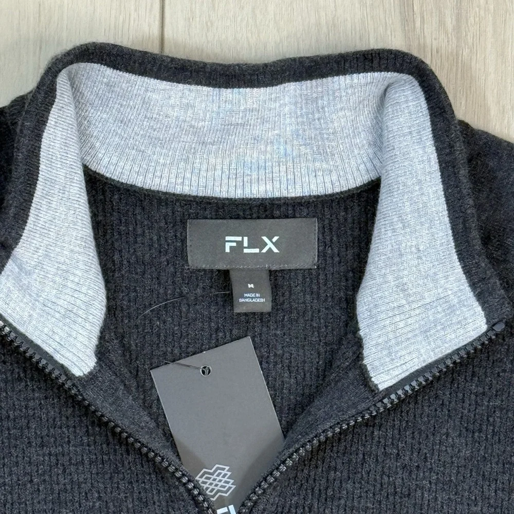 NEW FLX 1/4 Zip Sweater Men's M Charcoal Gray Mock Neck Pullover Knit Bangladesh